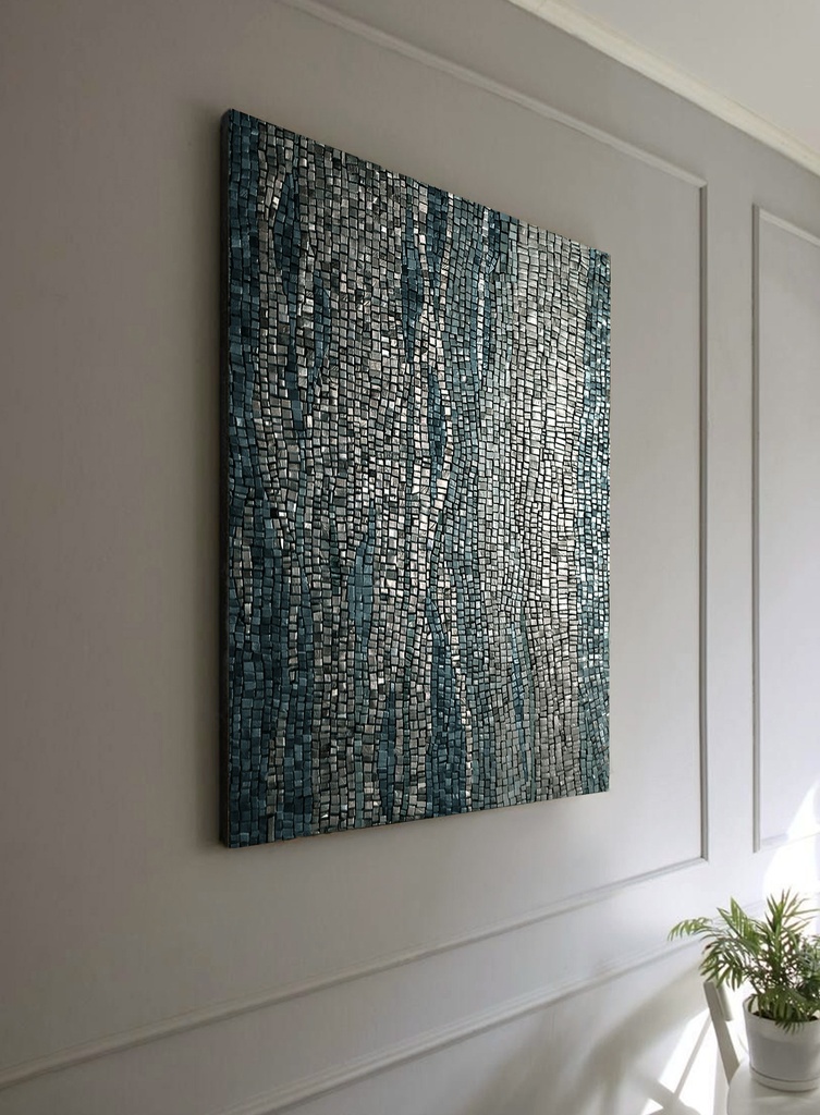 Long dark blue mosaic wall art with metallic silver texture on vertical canvas