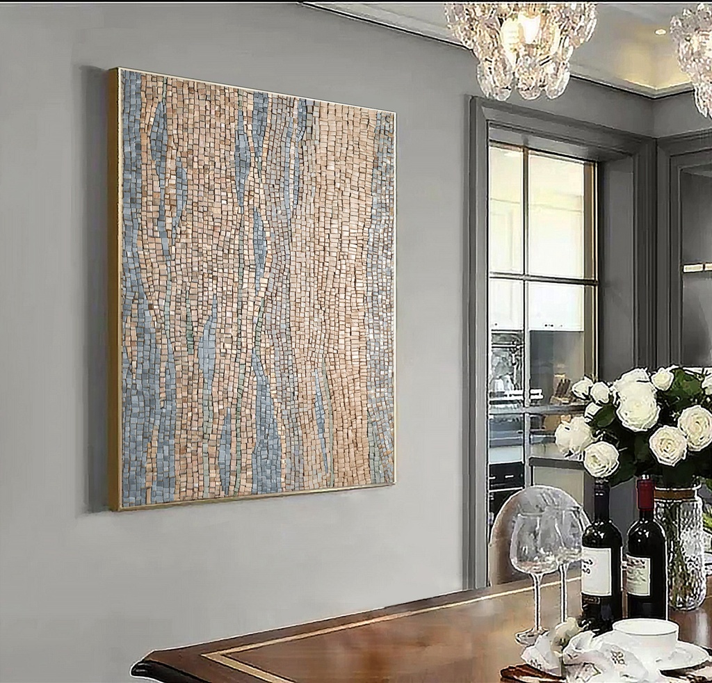 Vertical mosaic wall art with a light gold cream background and pearlescent soft blue wave-like lines