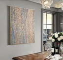 Vertical mosaic wall art with a light gold cream background and pearlescent soft blue wave-like lines