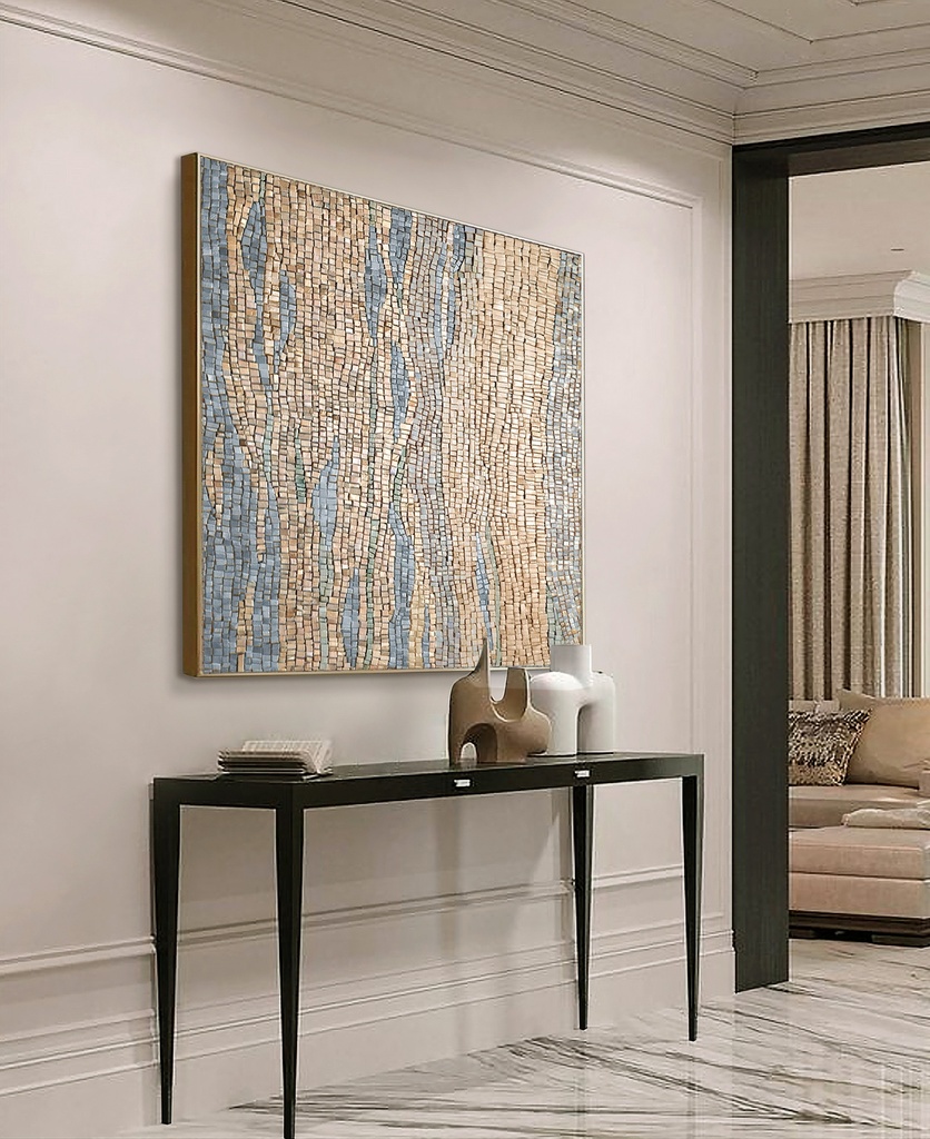 Vertical mosaic wall art with a light gold cream background and pearlescent soft blue wave-like lines