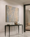 Vertical mosaic wall art with a light gold cream background and pearlescent soft blue wave-like lines