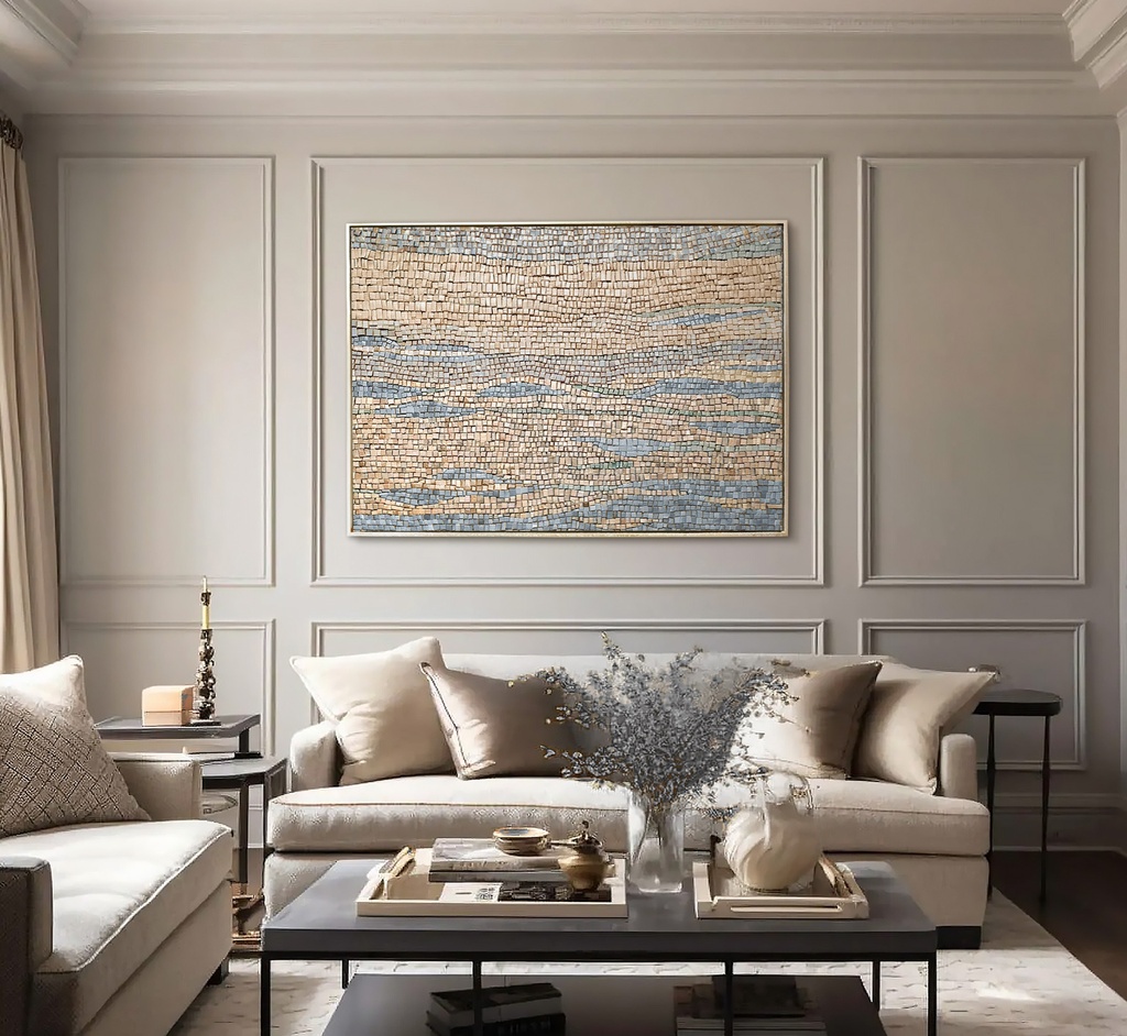 Modern mosaic wall art with abstract wave design in grey, silver, and cream colors on canvas