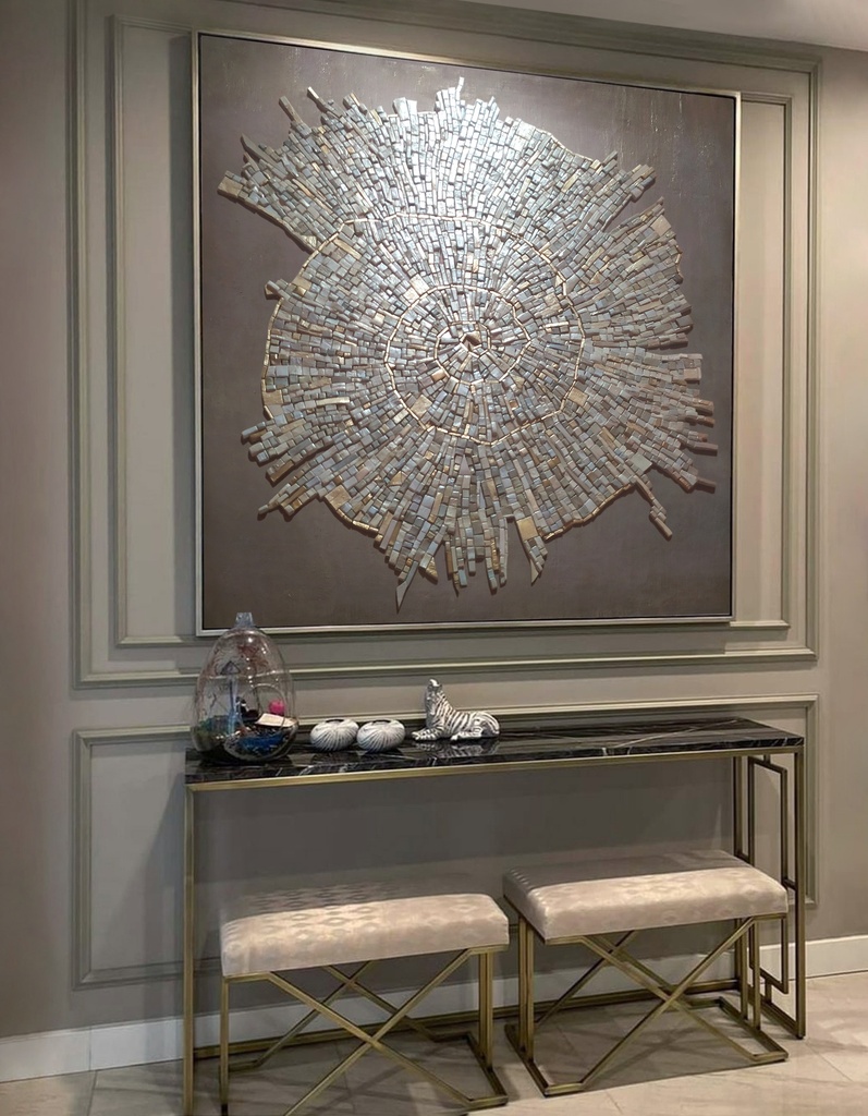 Modern fossil-inspired mosaic wall art with radial metallic texture on taupe-gray background