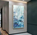 Tall narrow blue & silver canvas painting