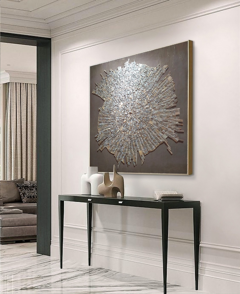 Modern fossil-inspired mosaic wall art with radial metallic texture on taupe-gray background