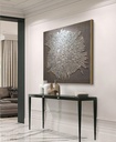 Modern fossil-inspired mosaic wall art with radial metallic texture on taupe-gray background