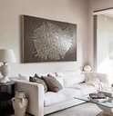 Modern fossil-inspired mosaic wall art with radial metallic texture on taupe-gray background