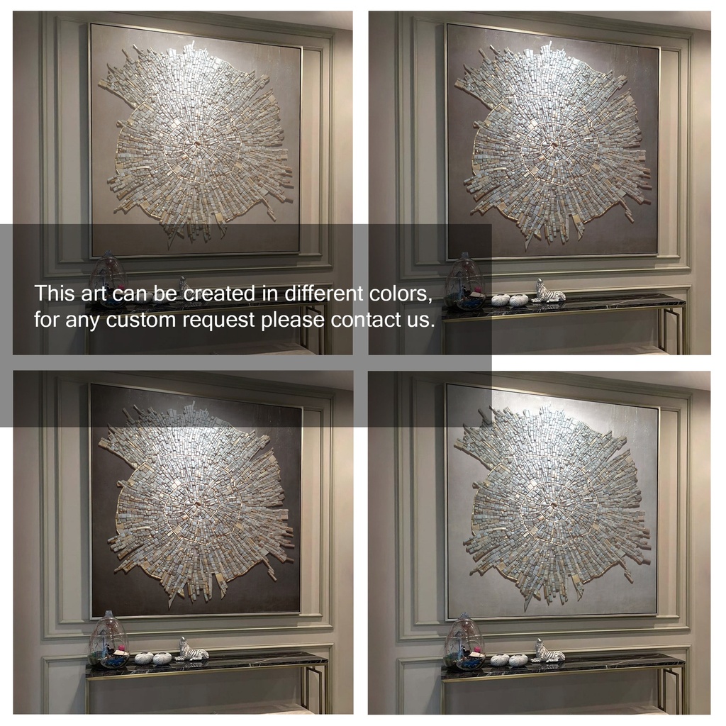 Modern fossil-inspired mosaic wall art with radial metallic texture on taupe-gray background