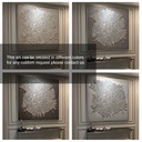 Modern fossil-inspired mosaic wall art with radial metallic texture on taupe-gray background