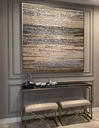 Modern mosaic wall art with neutral beige, gold, and silver textured stripes