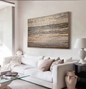 Modern mosaic wall art with neutral beige, gold, and silver textured stripes