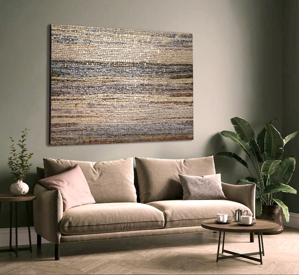 Modern mosaic wall art with neutral beige, gold, and silver textured stripes