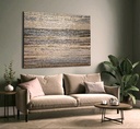 Modern mosaic wall art with neutral beige, gold, and silver textured stripes