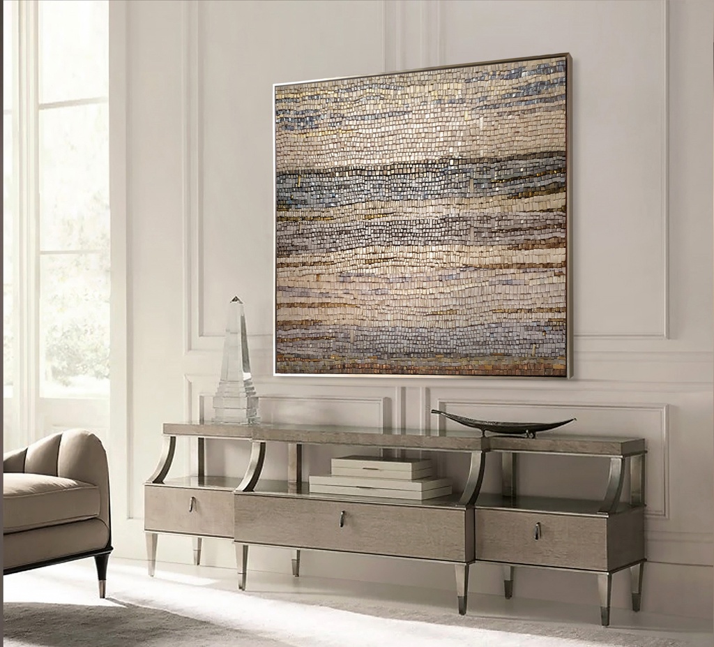 Modern mosaic wall art with neutral beige, gold, and silver textured stripes