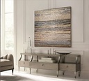 Modern mosaic wall art with neutral beige, gold, and silver textured stripes