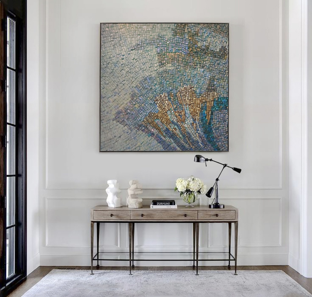 Teal mosaic wall art with abstract floral pattern in aqua, gold, and bronze tones