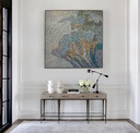Teal mosaic wall art with abstract floral pattern in aqua, gold, and bronze tones