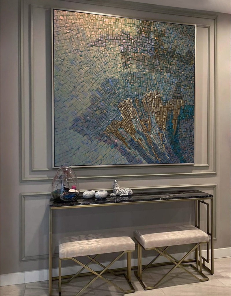 Teal mosaic wall art with abstract floral pattern in aqua, gold, and bronze tones