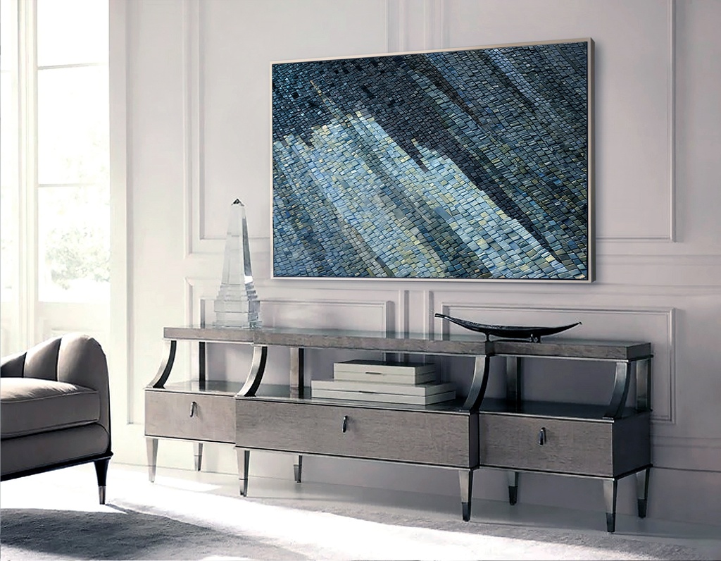 Blue mosaic wall art with abstract textured design in dark blue and teal tones, modern home decor.