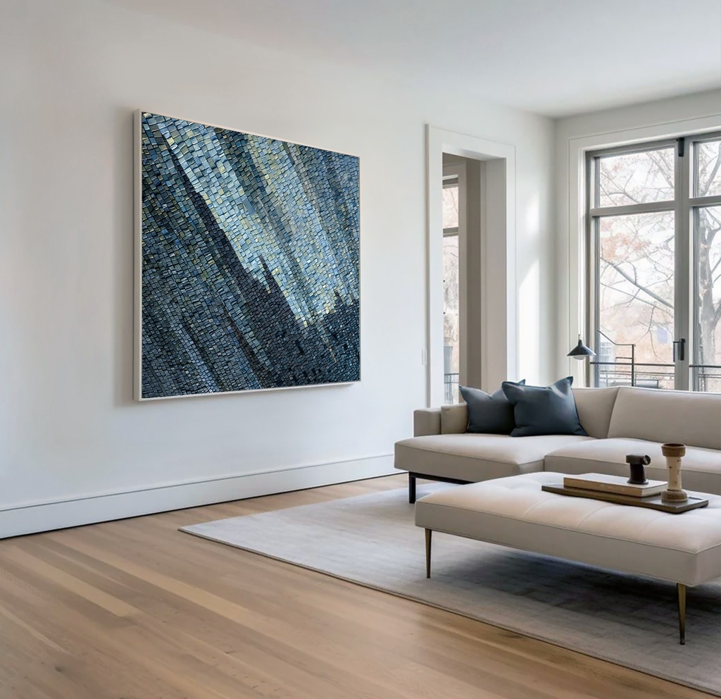Blue mosaic wall art with abstract textured design in dark blue and teal tones, modern home decor.