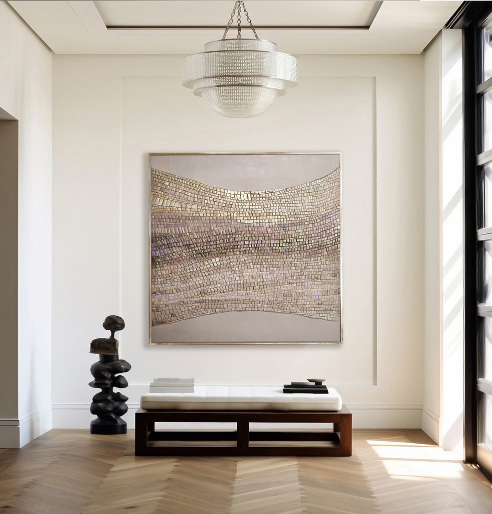 Soft gold and beige abstract mosaic wall art on canvas with curved rows and neutral background