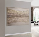 Soft gold and beige abstract mosaic wall art on canvas with curved rows and neutral background