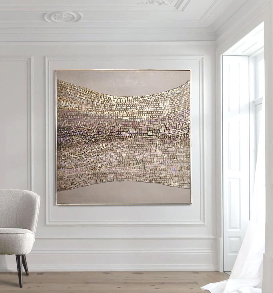 Soft gold and beige abstract mosaic wall art on canvas with curved rows and neutral background