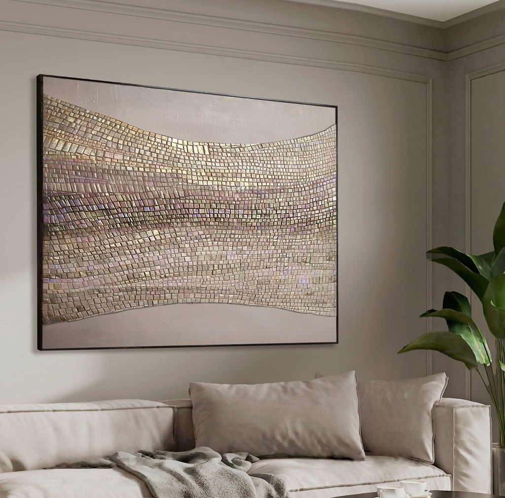 Soft gold and beige abstract mosaic wall art on canvas with curved rows and neutral background