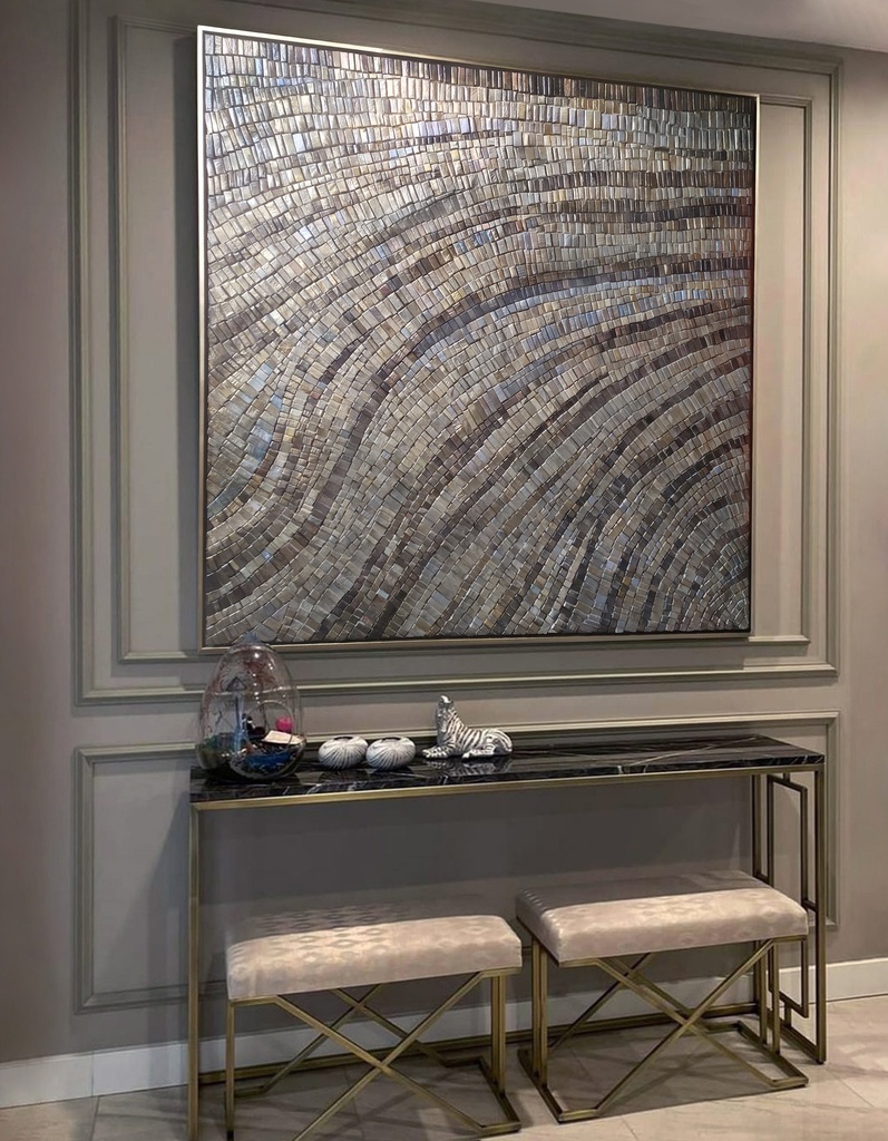 Earth tone abstract mosaic wall art with taupe, grey, brown and light blue colors in textured wave pattern