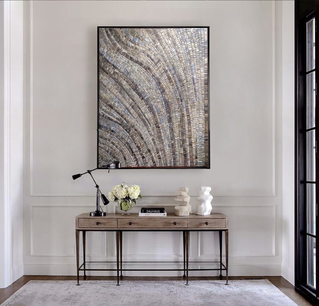 Earth tone abstract mosaic wall art with taupe, grey, brown and light blue colors in textured wave pattern