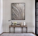 Earth tone abstract mosaic wall art with taupe, grey, brown and light blue colors in textured wave pattern