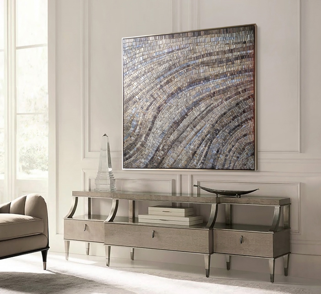 Earth tone abstract mosaic wall art with taupe, grey, brown and light blue colors in textured wave pattern