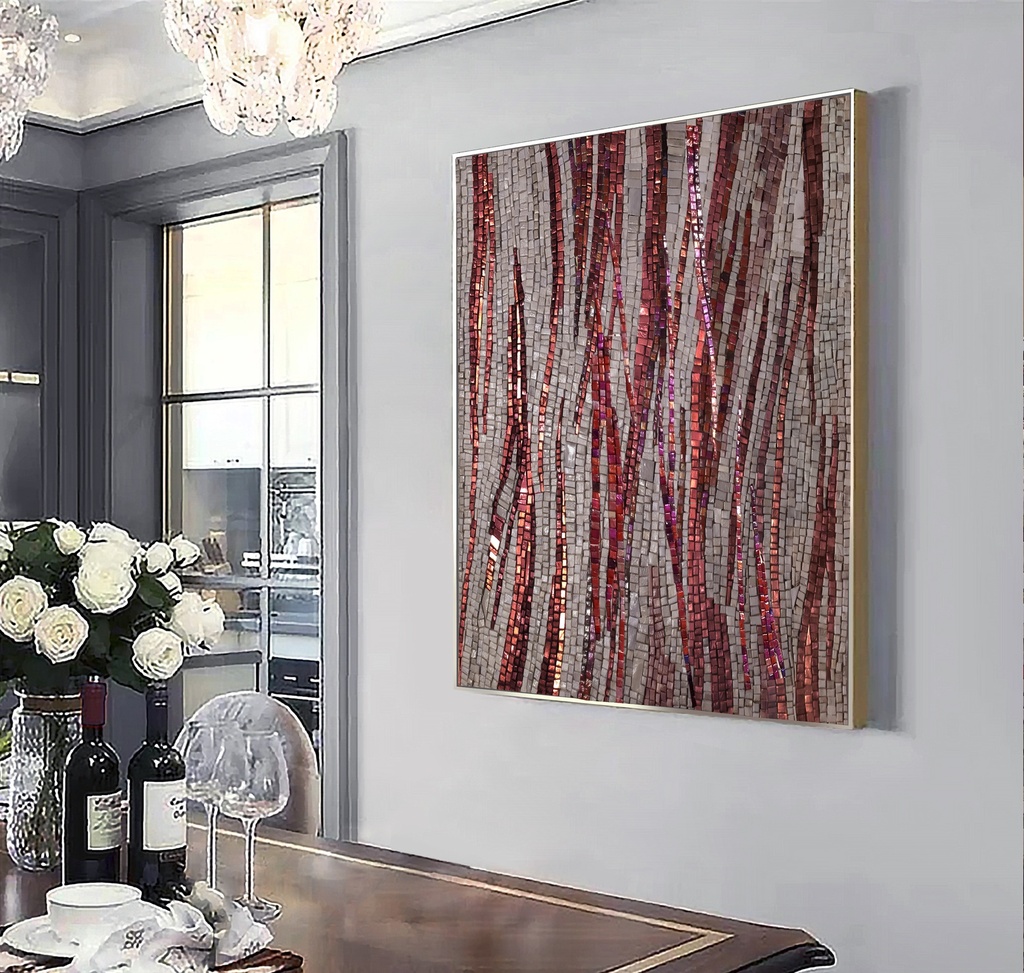Ruby red and burgundy vertical mosaic wall art on grey background, modern abstract textured canvas