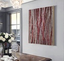Ruby red and burgundy vertical mosaic wall art on grey background, modern abstract textured canvas
