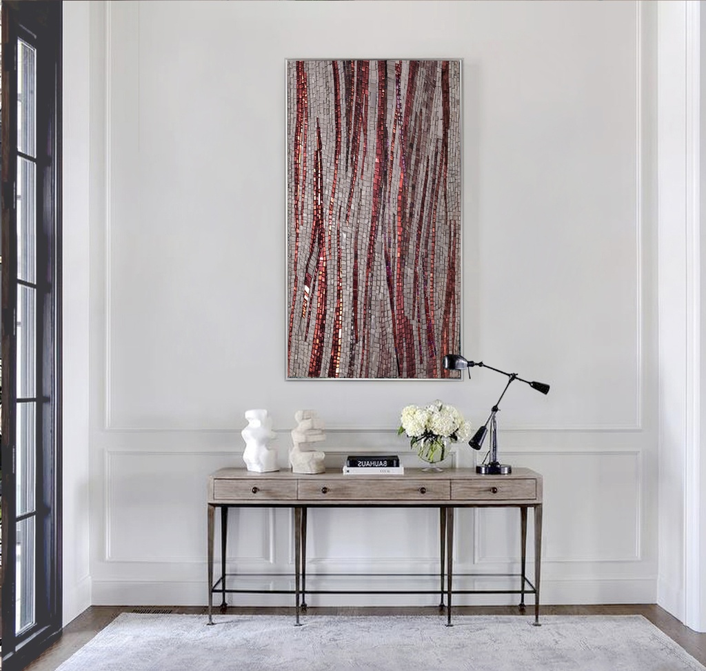 Ruby red and burgundy vertical mosaic wall art on grey background, modern abstract textured canvas