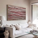 Ruby red and burgundy vertical mosaic wall art on grey background, modern abstract textured canvas
