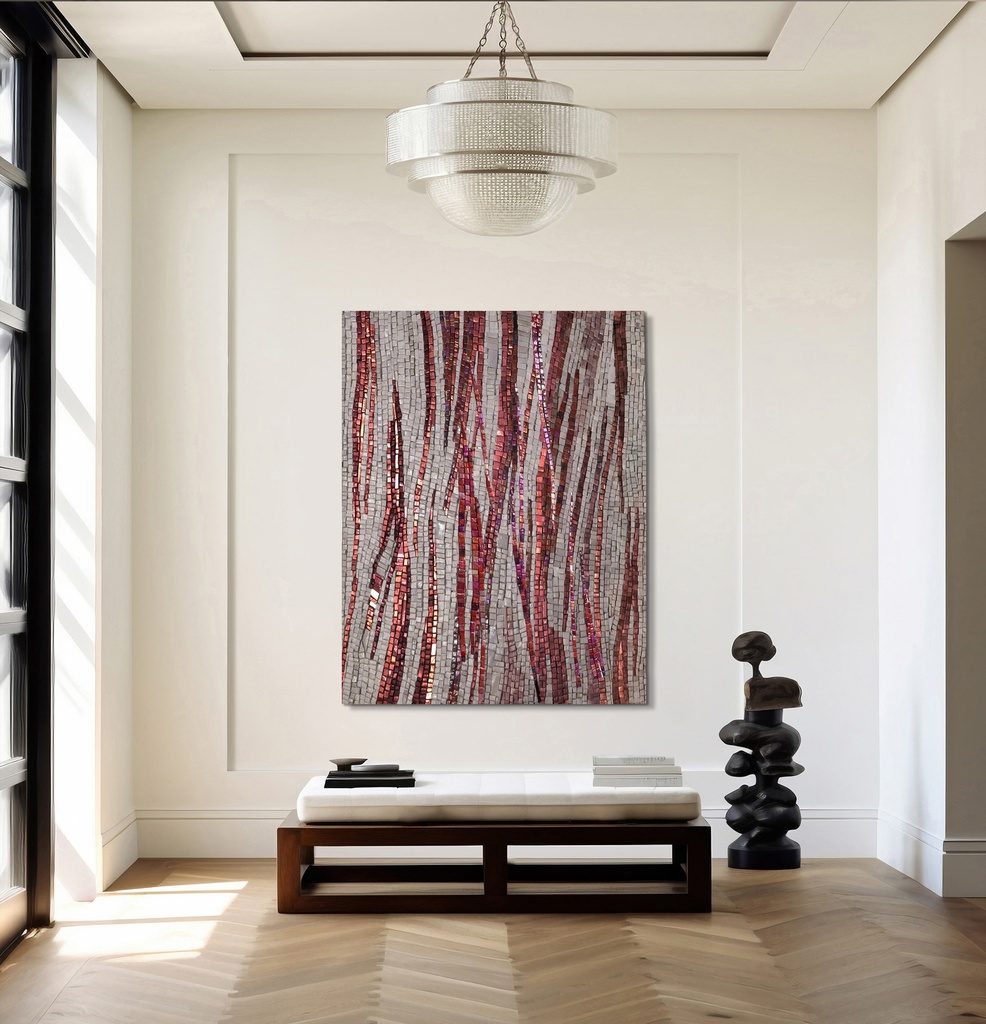 Ruby red and burgundy vertical mosaic wall art on grey background, modern abstract textured canvas
