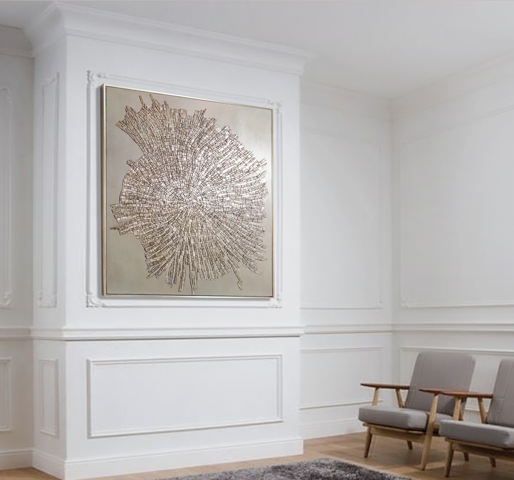 Beige and gold textured mosaic wall art with fossil-inspired abstract design on tone-on-tone background