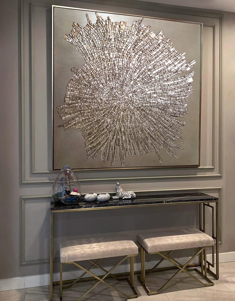 Beige and gold textured mosaic wall art with fossil-inspired abstract design on tone-on-tone background