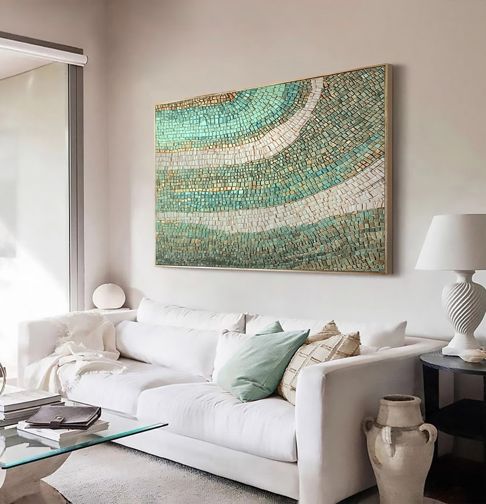 Green mosaic wall art featuring sage, teal, and gold tones with flowing textured rows of irregular rectangles