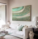 Green mosaic wall art featuring sage, teal, and gold tones with flowing textured rows of irregular rectangles
