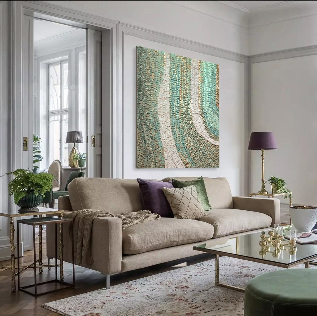 Green mosaic wall art featuring sage, teal, and gold tones with flowing textured rows of irregular rectangles