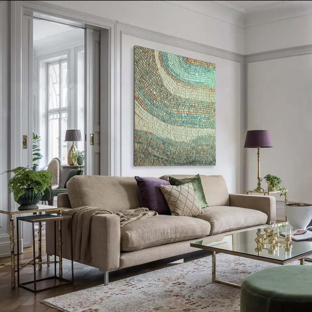 Green mosaic wall art featuring sage, teal, and gold tones with flowing textured rows of irregular rectangles