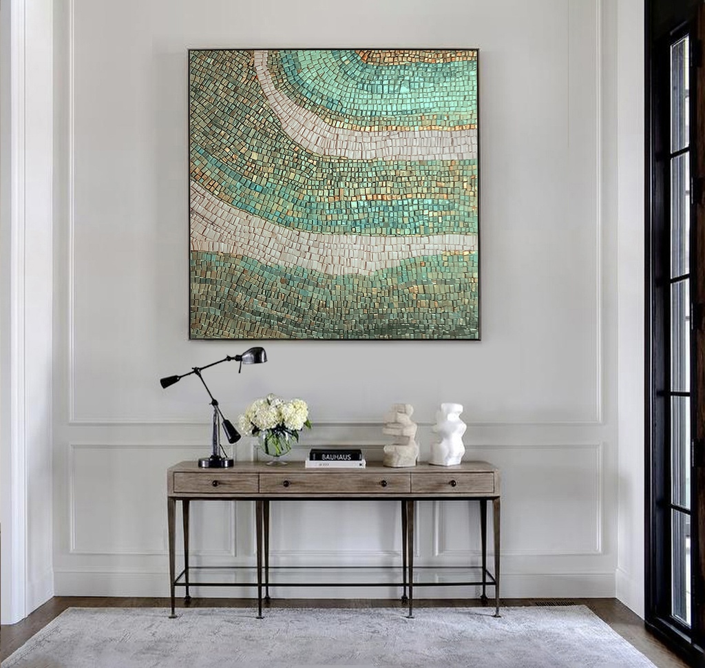 Green mosaic wall art featuring sage, teal, and gold tones with flowing textured rows of irregular rectangles