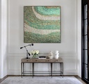 Green mosaic wall art featuring sage, teal, and gold tones with flowing textured rows of irregular rectangles