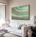 Green mosaic wall art featuring sage, teal, and gold tones with flowing textured rows of irregular rectangles
