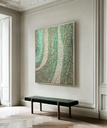 Green mosaic wall art featuring sage, teal, and gold tones with flowing textured rows of irregular rectangles