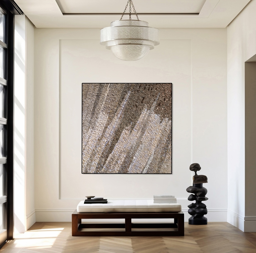 Geometric mosaic wall art with low-contrast brown and beige tones