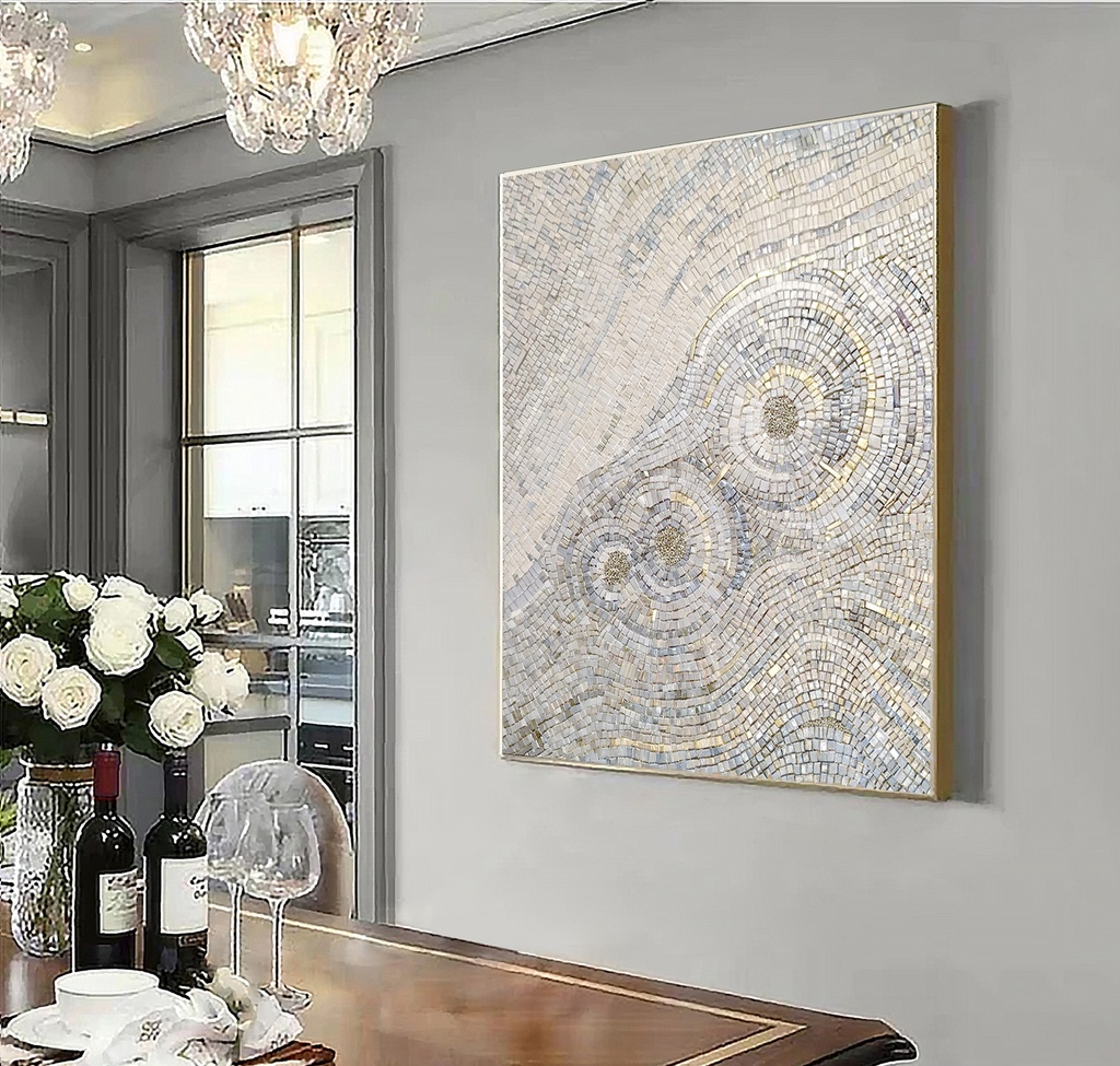 Pearl white mosaic wall art with radiant circular design and soft gold accents, elegant modern decor