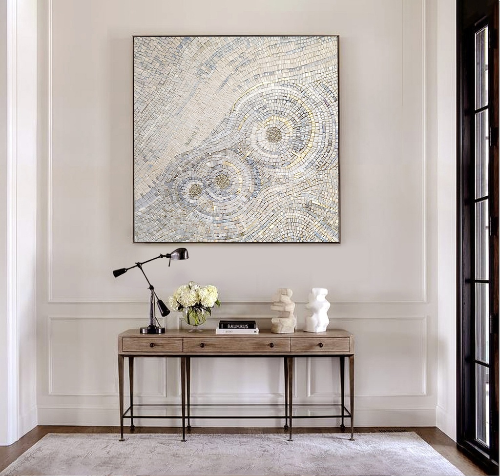 Pearl white mosaic wall art with radiant circular design and soft gold accents, elegant modern decor